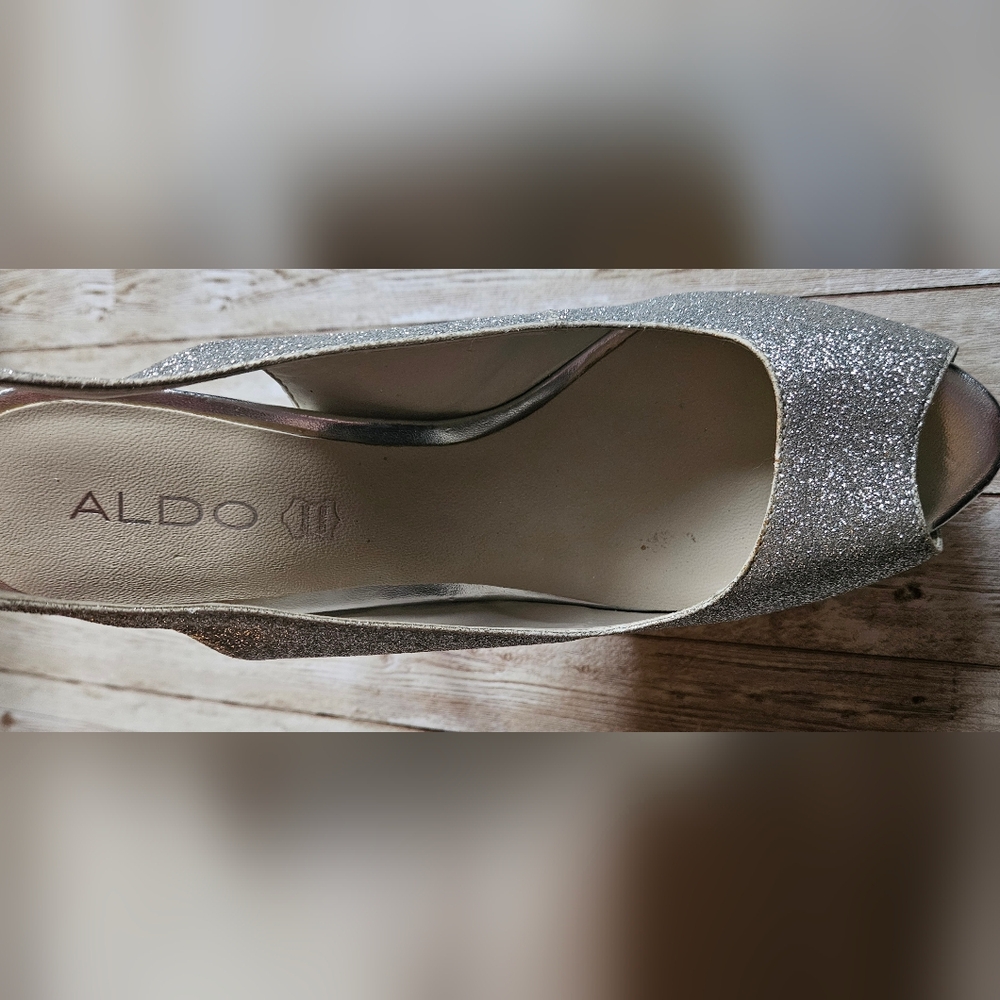 Aldo Silver Sparkle Peeptoe Platform Heels SZ 10 - Picture 3 of 8